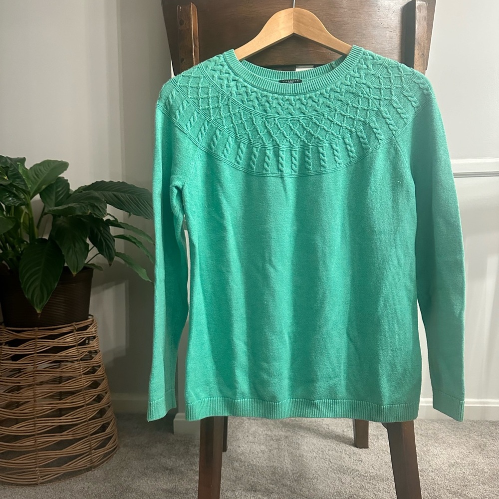 Talbots green fair isle textured sweater, cotton cashmere blend!